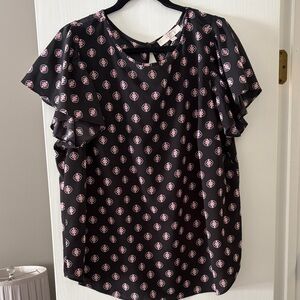 LOFT Black Blouse with Pink Medallion Print and Flutter Sleeves